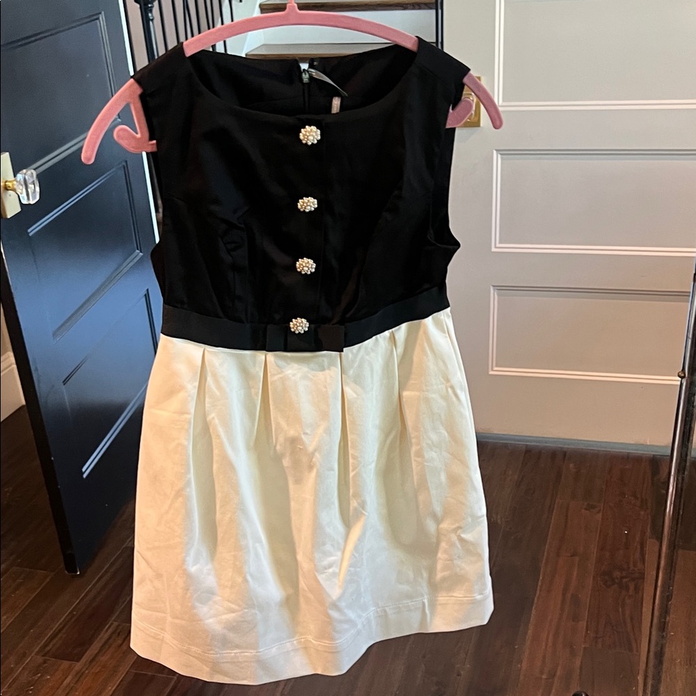 Classic Black & Cream Party Mini Dress with Embellished Buttons